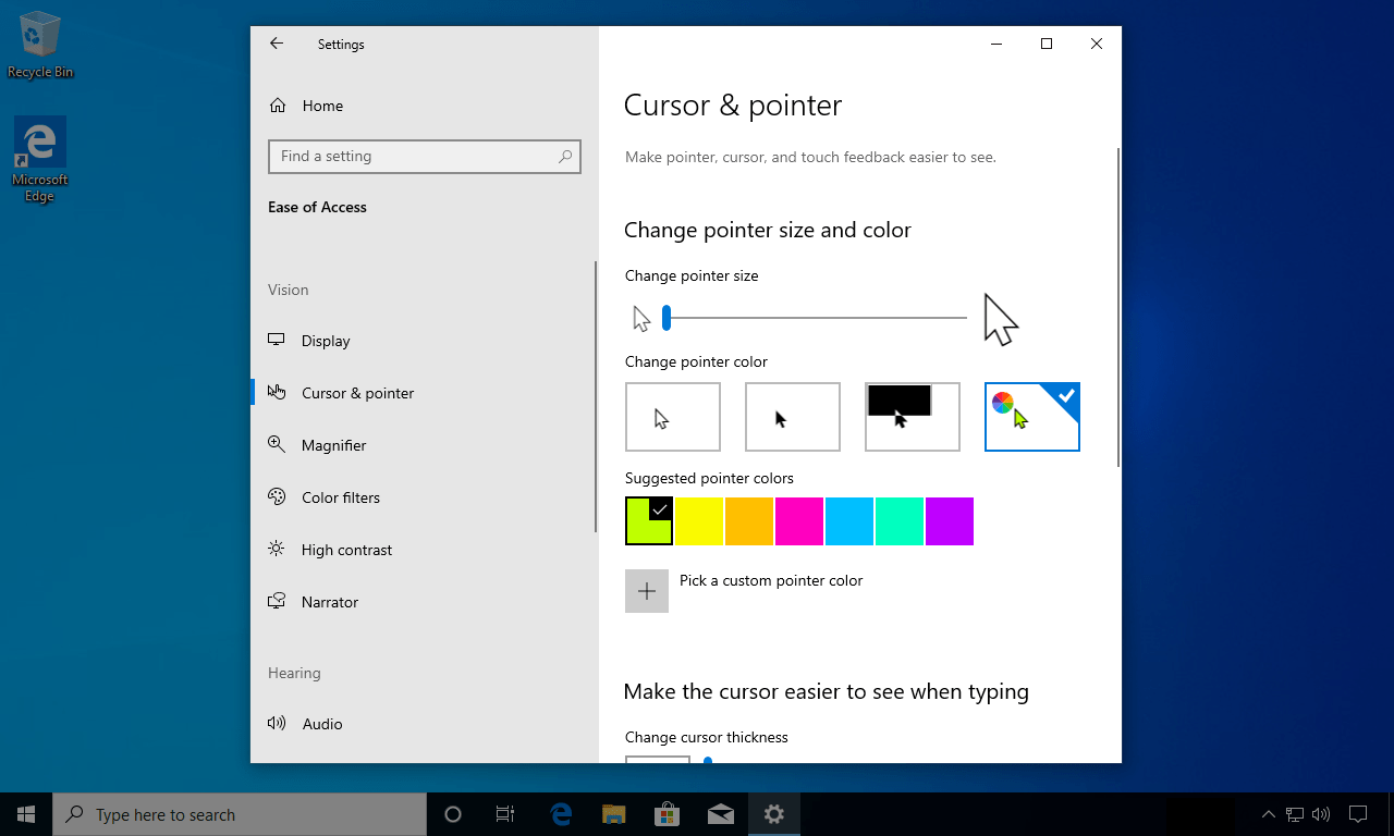The Ease of Access Cursor settings page in Windows 10