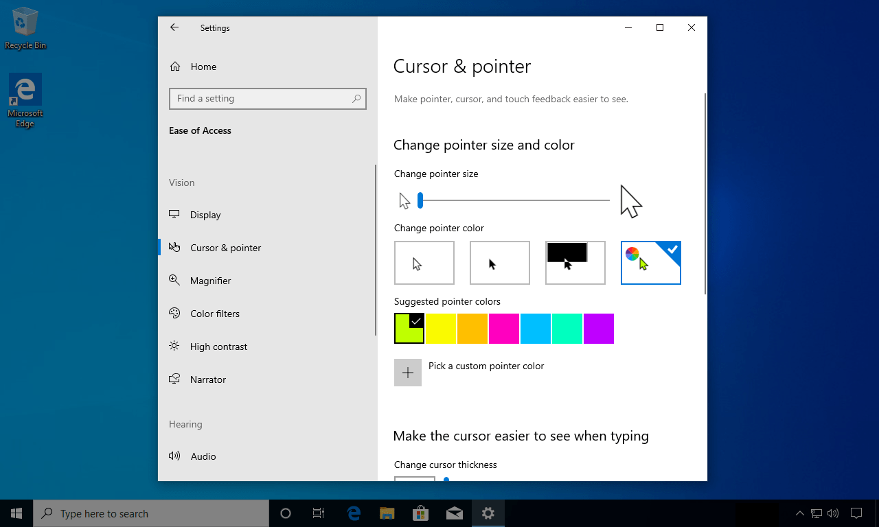 how do you change the color of your cursor on a windows 10