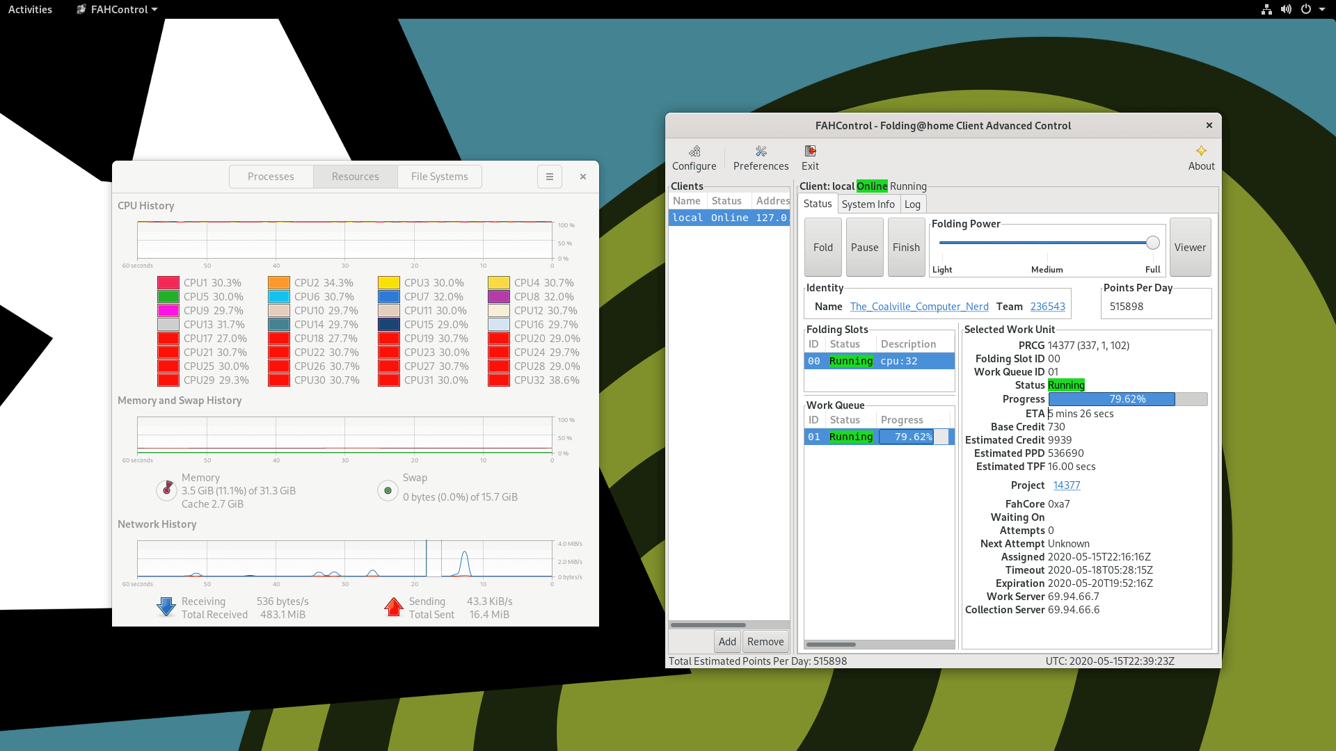 A screenshot showing the Folding@home client window besides a system monitor showing 100% CPU usage across 32 threads