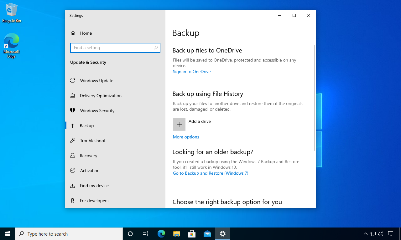 Windows 10 backup settings