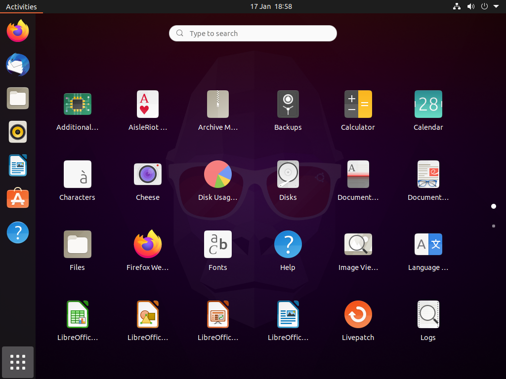 The Ubuntu Desktop's app grid screen showing a list of the installed applications