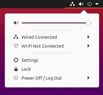 The System Menu, showing volume control, network status, screen locking and power options.