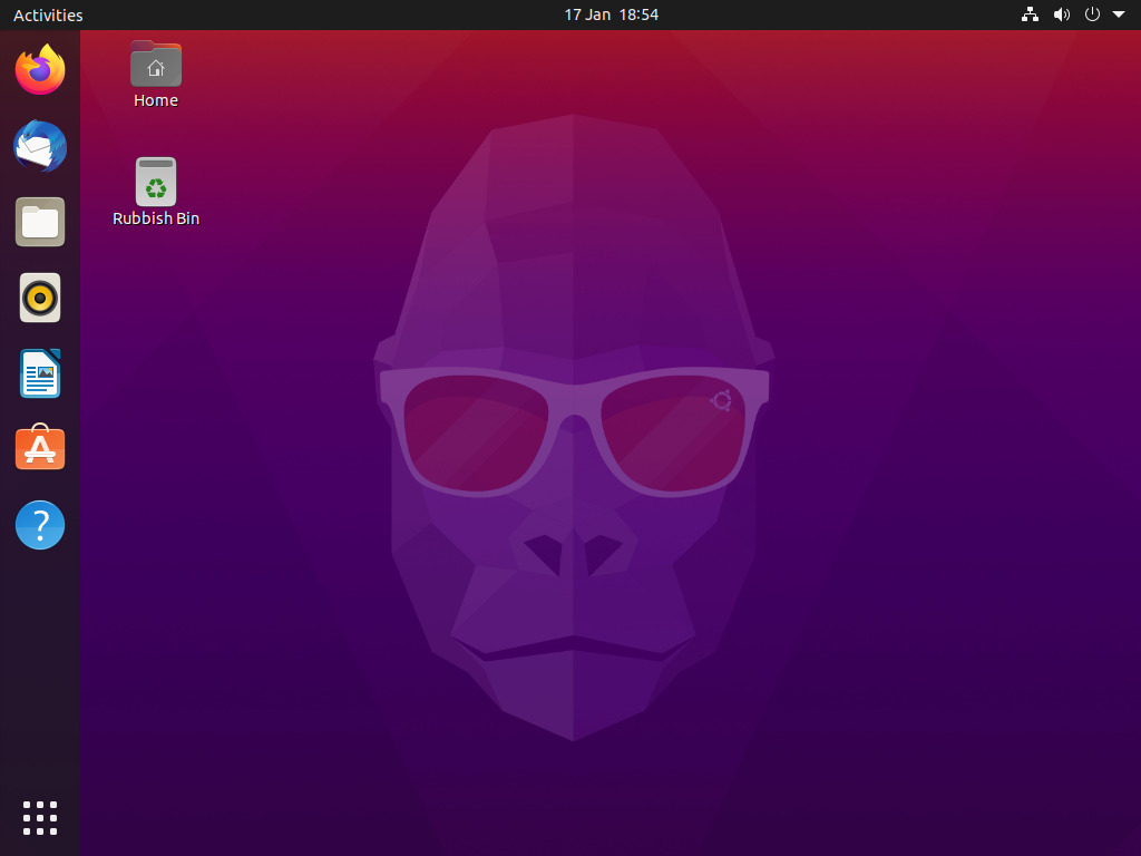 The Ubuntu desktop screen. It shows the desktop background and some app icons along the lefthand side.